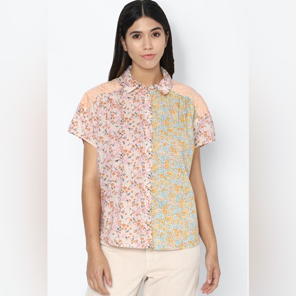 AMERICAN EAGLE WOMEN ORANGE PATCHWORK BOXY OVERSIZED RESORT SHIRT DITSY FLORAL M